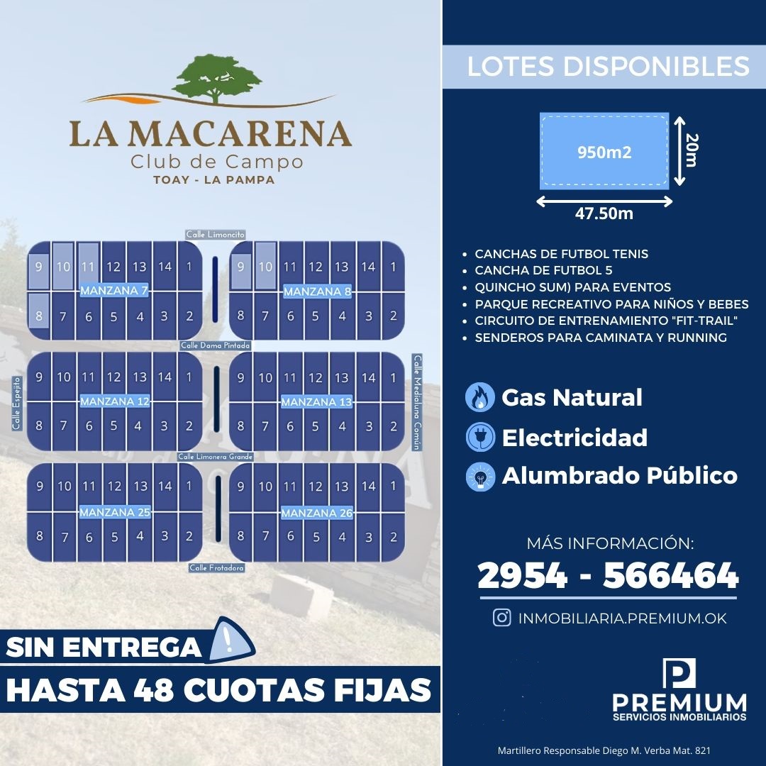 Venta terrenos «Club de Campo La Macarena» Toay